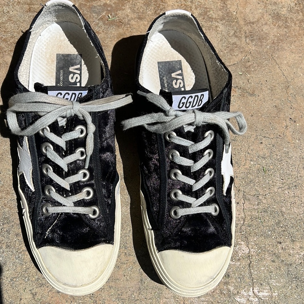 - Golden Goose V-Star LTD in Black Velvet with white leather Star. Good co…
